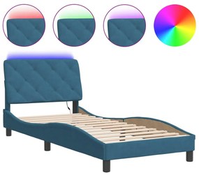 kék bársony ágykeret LED-világítással 90 x 200 cm