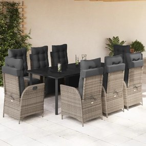 9 részes szürke polyrattan kerti étkezőgarnitúra párnával