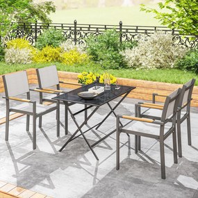 Outsunny 4 darabos kertiszék szett fa hatású karfákkal, alumínium vázas kültéri étkezőszék lélegző anyaggal erkélyhez, teraszhoz, világosszürke | Aoso