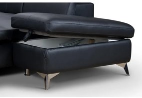 Fekete, jobb oldali, bőrkárpitos, L-alakú SALERNO II sarokkanapé, ággyá nyitható