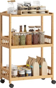 HOMCOM 3 szintes gurulós konyhai kocsi — bambusz tálaló- és tárolókocsi kerekeken, natúr | Aosom