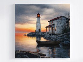 Vászonkép Canvas Világítótorony Naplemente Csónak Tenger 40x40