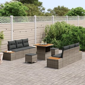 9 részes kerti kanapé készlet párnákkal Szürke Poli Rattan Akác, 3 részes kerti étkező készlet párnákkal Szürke Poli Rattan Akác