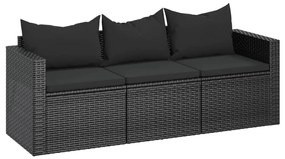 Fekete 3 személyes polyrattan kerti kanapé párnákkal