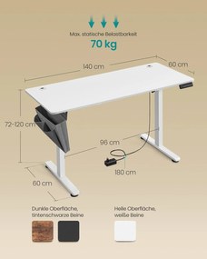 Elektromosan állítható magasságú íróasztal, 60 × 140 cm, felhő fehér színben