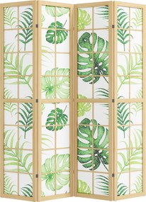 HOMCOM 4 paneles összecsukható paraván, 160 × 1,8 × 170 cm — pálmaleveles mintájú fenyőkeretes álló válaszfal (natúr & zöld) | Aosom
