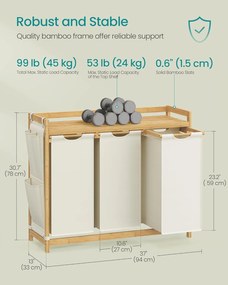 Szennyeskosár 3 rekesszel, 3 x 50 l, 94 x 33 x 78 cm, krémfehér