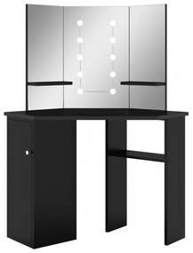 fekete sarok fésülködőasztal LED világítással 111x54x141,5 cm