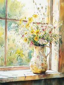 Vászonkép Canvas Ablak Dekoráció Mezei Virágok Csokor Kancsó 60x80