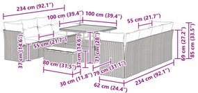 11 Darabos Kerti Kanapé Szett Párnákkal Szürke Poli Rattan Akáccal, 3 Darabos Kerti Étkező Szett Párnákkal Szürke Poli Rattan Akáccal