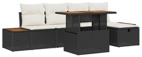 6 darabos Kert Sofa Készlet Párnákkal Fekete Poli Rattan Akáciával