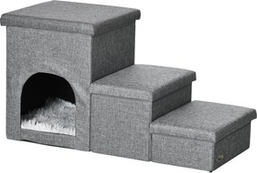 PawHut Kutya Lépcső 3 Lépcsős 40.5 cm Magas Állat Lépcső Bújópárnás Tároló Hellyel Macska Lépcső Kisméretű Kutyák Számára Lépéssegítő Ágyhoz, Kanapého
