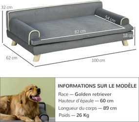 PawHut Skandináv Stílusú Kanapé Kutyák és Macskák Számára, Levehető Puhaságú Párna, Szilárd Fa Lábak, 100 x 62 x 32 cm, Szürke | Aosom