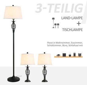 HOMCOM 3 Darabos szett 1 állólámpa, 2 asztali lámpa, vászonhatású 38 x 38 x 158 cm, fekete-fehér