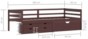 sötétbarna fenyőfa ágykeret fiókokkal és szekrénnyel 90x200 cm
