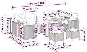 10 Darabos Kerti Kanapé Szett Párnákkal Bézs Poli Rattan és Akác, 3 Darabos Kerti Étkező Szett Párnákkal Bézs Poli Rattan és Akác