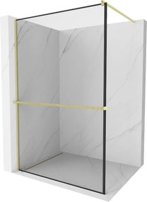 Mexen Kioto+, Walk-In zuhanyparaván polccal és akasztóval 140 x 200 cm, 8 mm átlátszó üveg fekete mintás, arany matt profil, 800-140-121-55-70