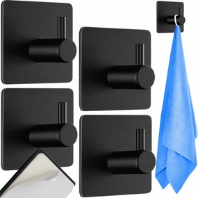 Fekete fém törölközőtartó akasztó, szerelés fúrás nélkül, 4 darabos készlet