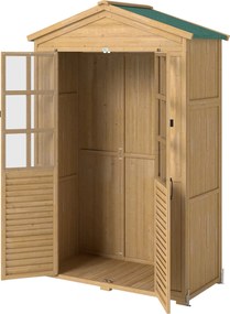 Outsunny fenyő kerti tárolószekrény polcokkal és akril ablakokkal, lejtős bitumenes tető, zárható ajtók — 128 x 57,5 x 197 cm, világosbarna | Aosom