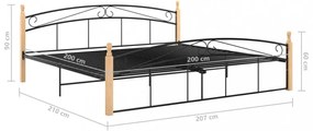 fekete fém és tömör tölgyfa ágykeret 200 x 200 cm
