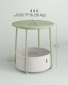 Kis kerek oldalsó kisasztal, modern éjjeliszekrény szövetkosárral, éjjeliszekrény nappali hálószobába, babérzöld és krémfehér színben