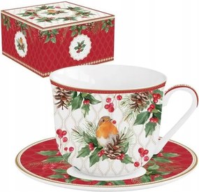 Nagy Porcelán Csésze Csészealjjal Vörösbegy és magyal Téli 400 ml