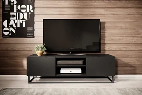 Loftia Mini TV-szekrény 160 cm nyitott polcokkal és fém vázzal - fekete / fekete matt