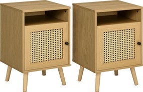 HOMCOM 2 darabos Éjjeliszekrény Szett Rattan Ajtóval, Nyitott Polcos Éjjeliszekrények, 39x35x60 cm, Természetes | Aosom