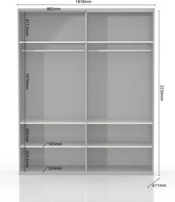 Tolóajtós magasfényű gardróbszekrény, 182x221 cm, antracit-tölgy - BISE
