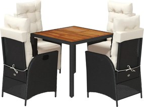 vidaXL 5 részes fekete polyrattan kerti étkezőgarnitúra párnákkal