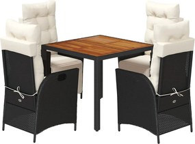vidaXL 5 részes fekete polyrattan kerti étkezőgarnitúra párnákkal