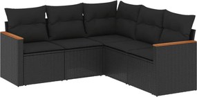 vidaXL 5 részes fekete polyrattan kerti kanapészett párnákkal