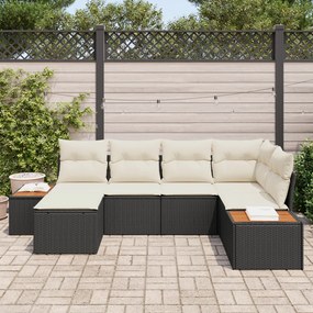 6 Részes Kert Kanapé Szett Párnákkal Fekete Poli Rattan Acacia