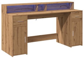 kézműves tölgy színű szerelt fa LED-es íróasztal 160x55x91 cm