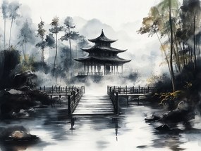 Vászonkép Canvas Japán Ázsia Templom Pagoda Kert Köd 100x75