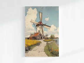 Poszter Tájkép Hollandia Falu Szélmalom Kerékpár Tulipán 40x60