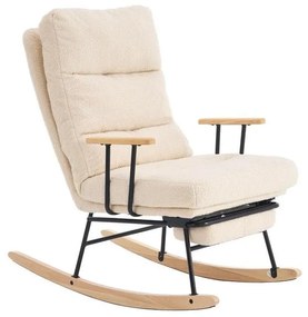 Hintaszék fa lábakkal, plüss szövettel, 4 fokozatban állítható háttámlával,  krémfehér