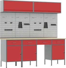 vidaXL Munkaszekrény Készlet 10 pcs Piros Porszórt Acél és Mérnöki Fa
