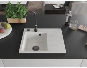 Mexen Ben, 1 kamrás gránit mosogató 600x500x190 mm, bal + fekete szifon, fehér, 6522605000-20-B