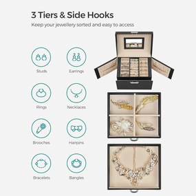 Ékszerdoboz, zárható ékszertartó 2 fiókkal, fekete