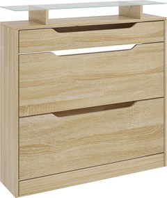 HOMCOM Cipőtároló 2 Nyíló Fiókkal + 1 Csúszó Fiókkal + 1 Pulttal és 1 Üvegtároló Polccal 2 Szinten Állítható 89 x 23 x 96 cm Tölgy | Aosom