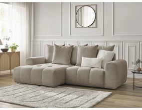 Bézs zsenília kinyitható-tárolóhelyes sarokkanapé (bal oldali-heverő résszel) Roxelane – Bobochic Paris