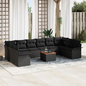 11 részes Kert Sofa Szett párnákkal Fekete Poli Rattan Akácia, 2 személyes Kert Sofa tárolóval és párnákkal Fekete Poli Rattan