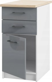 Alsó Álló Konyhaszekrény Fiókokkal Szürke Akril Fényes és Asztallap 40 CM