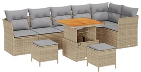 9 részes kerti kanapé szett párnákkal bézs poli-rattan akác, 3 részes kerti étkező szett párnákkal bézs poli-rattan akác