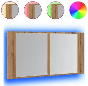 kézműves tölgy szerelt fa tükrösszekrény LED-del 90x12x45 cm
