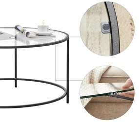 Kerek dohányzóasztal, üvegasztal fém kerettel, fekete