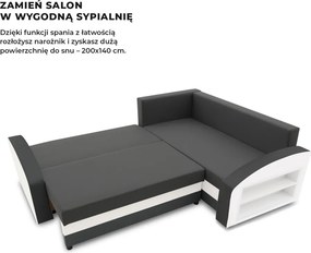 Grande sarokkanapé polcokkal , polc a jobb karfaban, jobboldali, szövet anyag, hab töltet, szürke - fehér