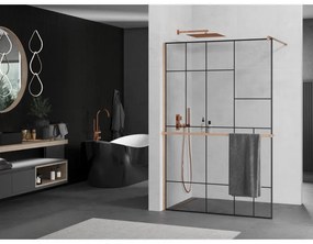 Mexen Kioto+, Walk-In zuhanyparaván polccal és akasztóval 80 x 200 cm, 8 mm átlátszó üveg fekete mintás, réz matt profil, 800-080-121-65-78
