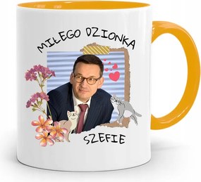 Sárga Politikus Bögre Mateusz Morawiecki Miniszterelnök fényképes nyomtatással